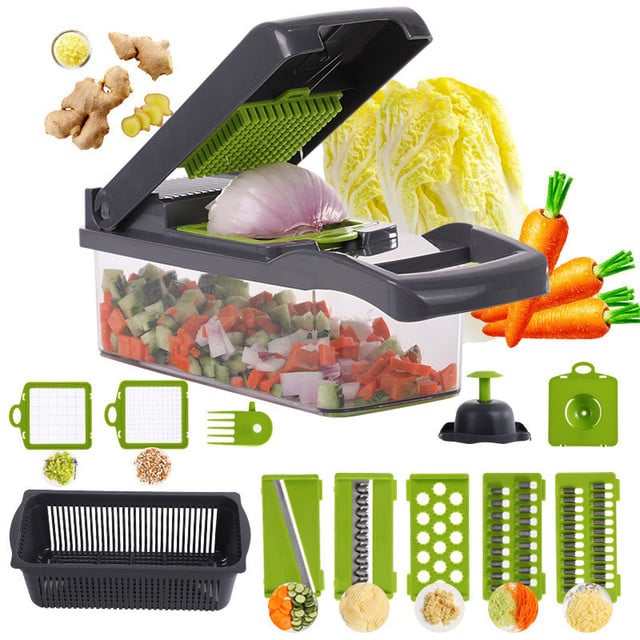 12-in-1 Multifunctional Vegetable Slicer Cutter & Shredder with Drain Basket