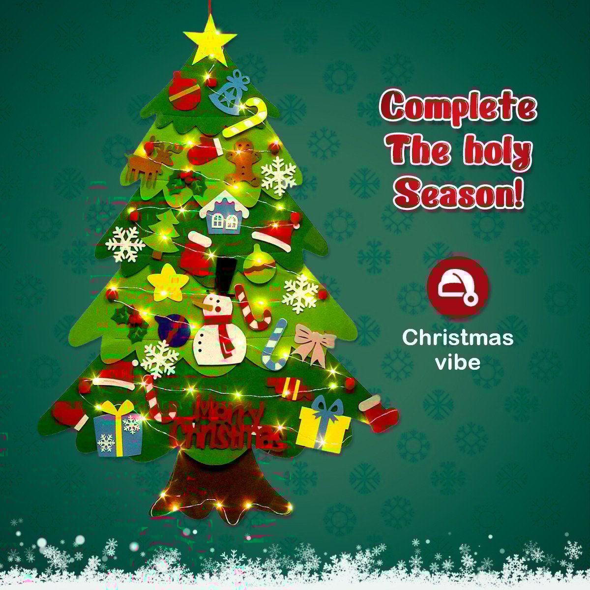 Felt Christmas Tree Set with 32PCS Ornaments & LED String Lights – Wall Hanging DIY Tree for Kids, Home & Holiday Decoration
