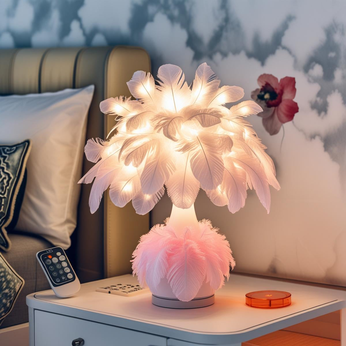 Remote Control Feather Table Lamp – Elegant Soft Glow LED Night Light for Bedroom & Living Room