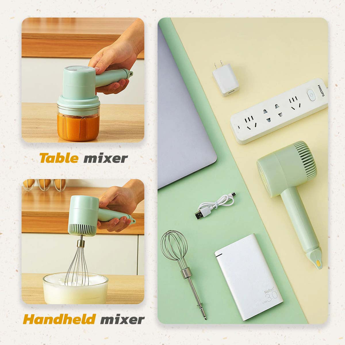 Wireless 3-Speed Mini Handheld Food Mixer – Portable Kitchen Blender