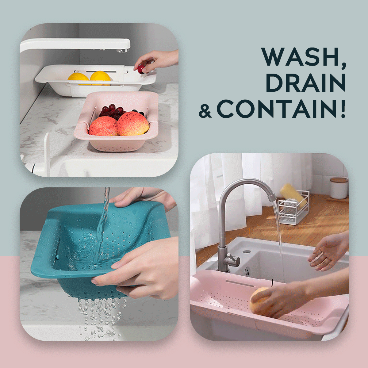 Adjustable Over The Sink Colander Strainer Basket – Expandable Kitchen Tool Set