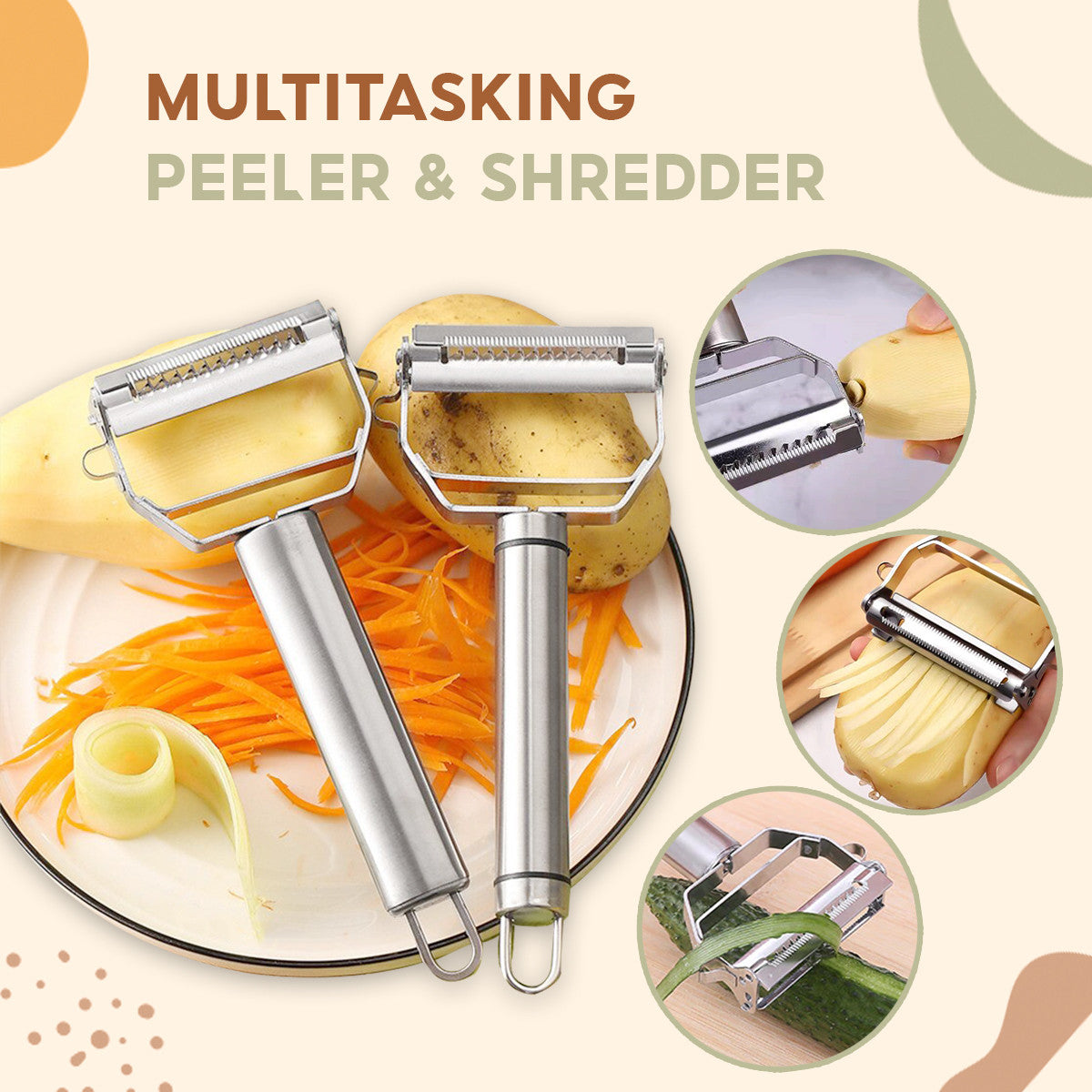 Stainless Steel Multi-Function Peeler & Slicer – 3-in-1 Vegetable & Fruit Cutter for Kitchen