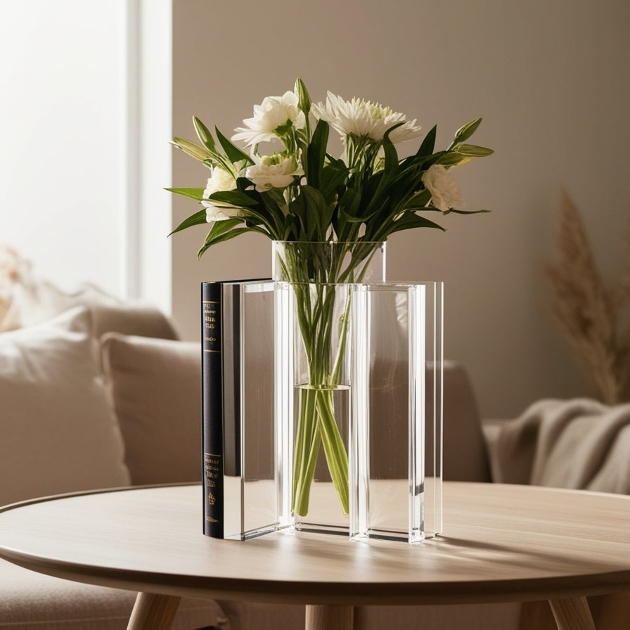 Artistic Clear Book-Like Flower Vase – Minimal Aesthetic Transparent Acrylic Vase for Modern Home Décor