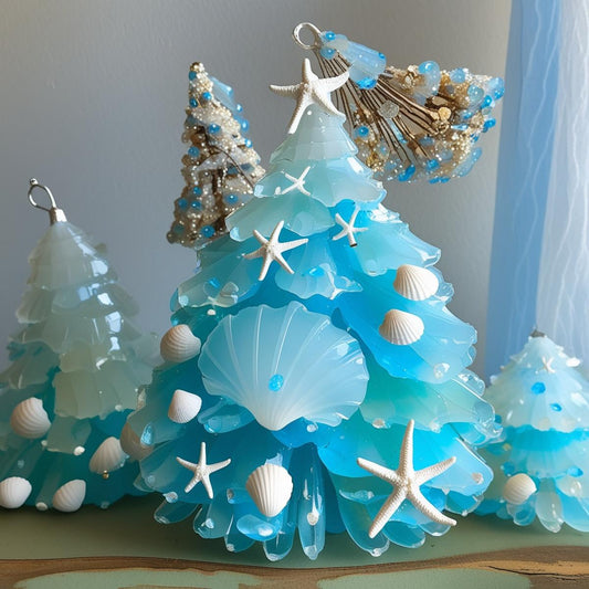 Sea Theme Christmas Tree Desktop Ornament – Coastal Holiday Decor with Seashells | Handmade Resin Beach Christmas Decoration