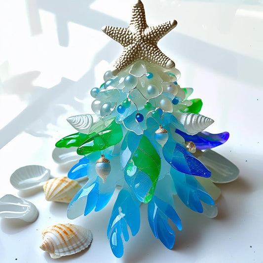 Sea Theme Christmas Tree Desktop Ornament – Coastal Holiday Decor with Seashells | Handmade Resin Beach Christmas Decoration